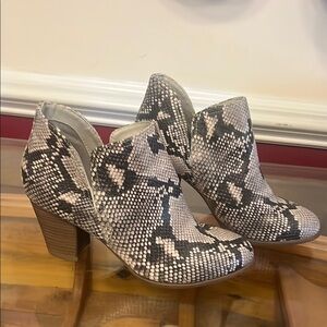 Fergalicious Gray Black Ankle Booties with Snakeskin Print
